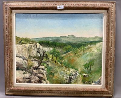 an oil painting of a view of a mountain with a valley in the foreground