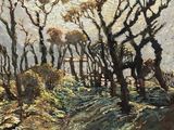 une peinture à l'huile représentant un chemin de terre avec des arbres en arrière-plan