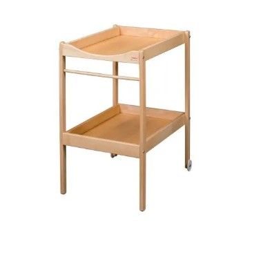 wooden baby changing table with two shelves and wheels