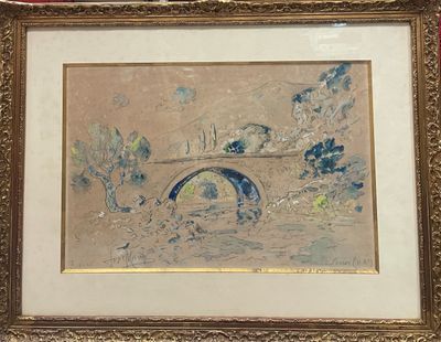 painting of a bridge over a body of water with trees in the background