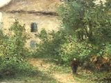 a painting of a house with a thatched roof in the woods