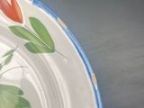 a close up of a plate with a flower design on it
