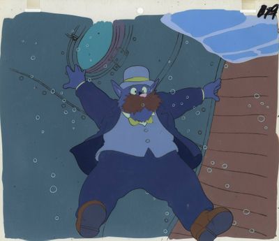 cellule d'animation représentant un homme en costume et chapeau, tenant un poisson à la main