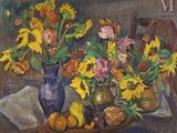 une peinture de fleurs dans un vase bleu sur une table