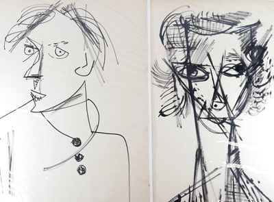 sketches of a woman with a cigarette and a man with a necklace
