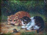 tableau représentant deux chats et un escargot dans un décor boisé