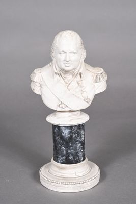 marble bust of a man on a pedestal on a gray background