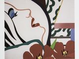 an image of a painting of a woman ' s face with flowers in the foreground