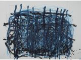 blue and black abstract painting on a white wall with a white background