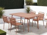 une table et des chaises sur une terrasse recouverte d'un tapis
