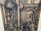 a black and white drawing of people in a church