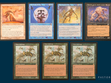 many cards of different colors and designs on a blue background