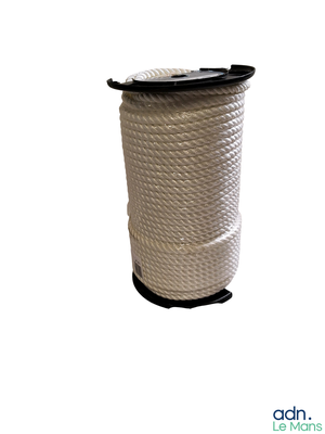 une corde blanche avec une bobine noire sur fond blanc