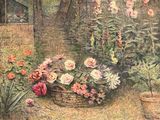 un tableau représentant un panier de fleurs dans un jardin