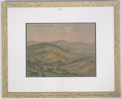 une image représentant un tableau représentant un paysage avec des collines en arrière-plan