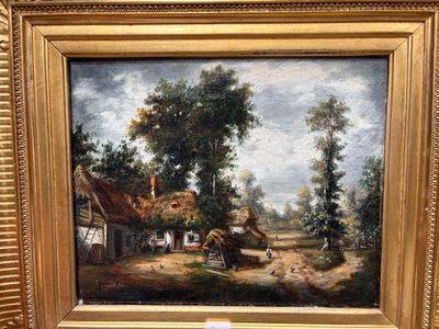 a painting of a farm scene in a gold frame