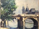 tableau représentant un pont enjambant une rivière, avec un bateau au premier plan