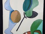 peinture représentant des formes abstraites sur fond blanc, dans des tons de bleu, de vert et d'orange