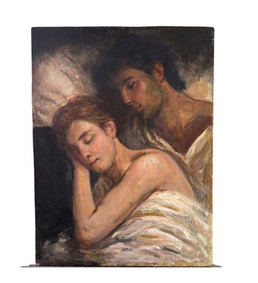 un tableau représentant un homme et une femme allongés dans un lit