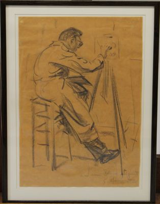 drawing of a man sitting on a stool in front of a drawing easel