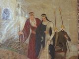 painting of a group of people standing in front of a building