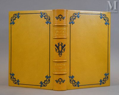 un livre jaune avec des bordures bleues et un motif décoratif sur la couverture