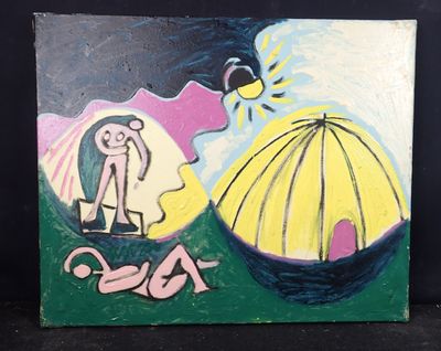 un tableau représentant un homme et une femme sur une plage