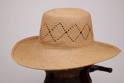 un chapeau de paille posé sur un support en bois muni d'une poignée