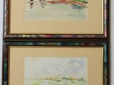 two framed watercolor paintings of a landscape and a river