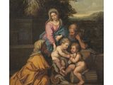 a painting of a group of people sitting around a baby