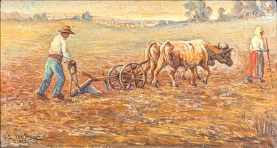 a painting of a man plowing a field with two oxen