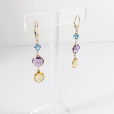 a pair of earrings with multi colored stones on a clear stand