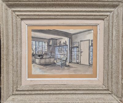 peinture représentant un dessin d'un salon avec un canapé et une table