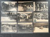 several old black and white photographs of people riding on a train