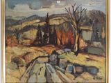 an oil painting of a landscape with a road in the foreground and trees in the background
