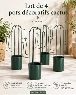 quatre pots contenant des plantes, posés sur une table à côté d'une plante en pot