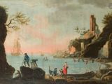 un tableau représentant un homme à cheval près d'un plan d'eau