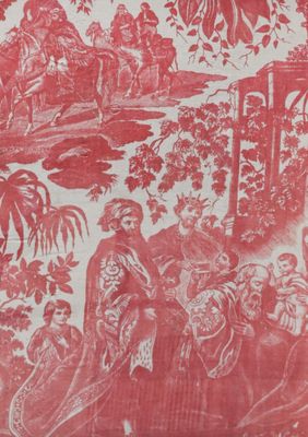 une image représentant un papier peint rouge et blanc sur lequel figure une femme dans un jardin