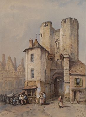 un tableau représentant une scène de rue avec un château en arrière-plan