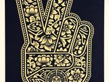 a black and gold poster with a peace sign made out of flowers
