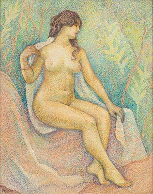 une peinture représentant une femme nue assise sur un lit