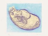 a drawing of a pair of shoes on a blue surface