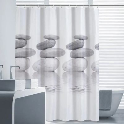 a picture of a bathroom with a shower curtain and a bathtub