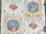 a picture of a table cloth with pictures of people on it