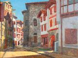 a painting of a street scene with buildings on both sides of the street