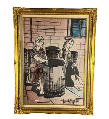 une image représentant un tableau où l'on voit deux femmes assises à côté d'un tonneau