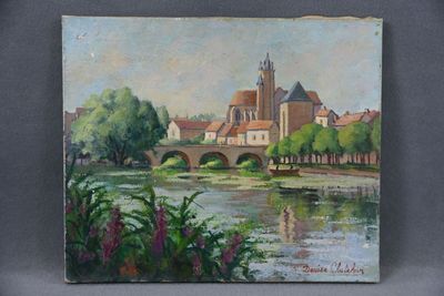 Denise CHATELAIN (XXème), "Vue de ville à la rivière", Huile…
