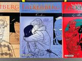 three books on a rack with a drawing of a man and a woman