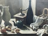a painting of a still life with a pitcher and other items