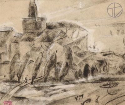drawing of a castle on a hill with a river in the foreground